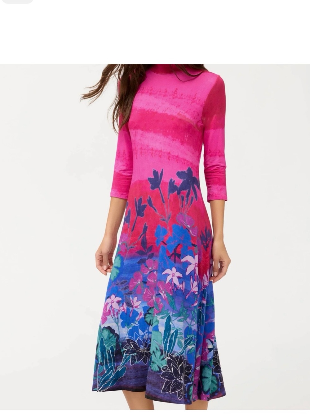 Johnny Was Hot Pink Floral Midi Dress with Blue & Purple Garden Motif PTP 17 - Picture 6 of 7